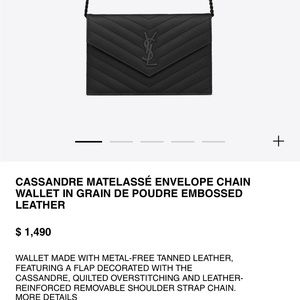 YSL CASSANDRE MATELASSÉ ENVELOPE CHAIN WALLET IN GRAIN DE POUDRE EMBOSSEDLEATHER